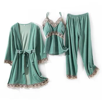 

3PCS Pajamas Set Sleepwear Autumn Velvet Sexy Nightwear Women Winter Casual Kimono Bathrobe Gown Sexy Female Velour Home Wear