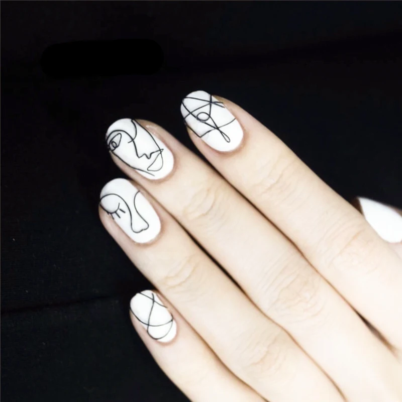 Ins стиль линии фигуры короткие круглые накладные ногти белый дизайн ногтей