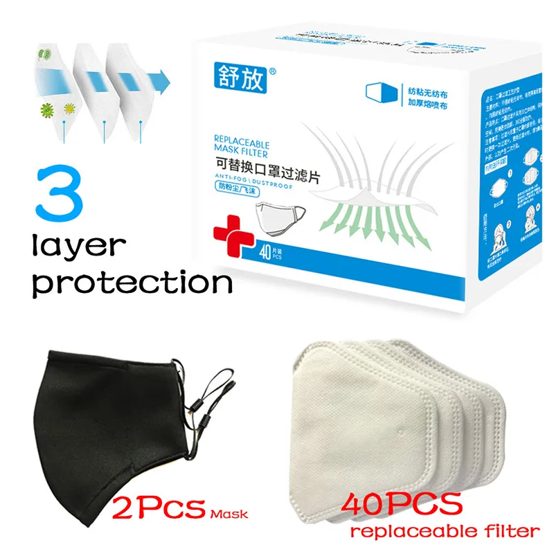 

2pcs Face Mask + 40pcs Respirator Filter Pad 3Layers Prevention Dustproof Anti Haze for Adult Kids Safety Reusable Masks