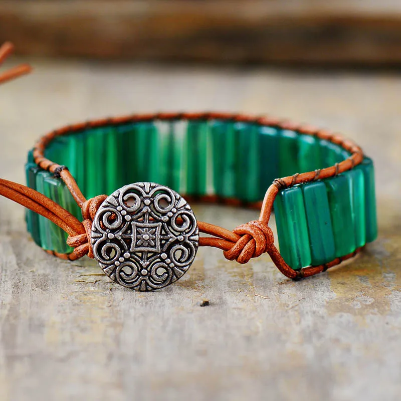 Womens Boho Bracelets Tube Shape Green Onyx Single Leather Wrap Bracelet Semi Precious Stone Beaded Beadwork Bracelet Dropship - Image 6