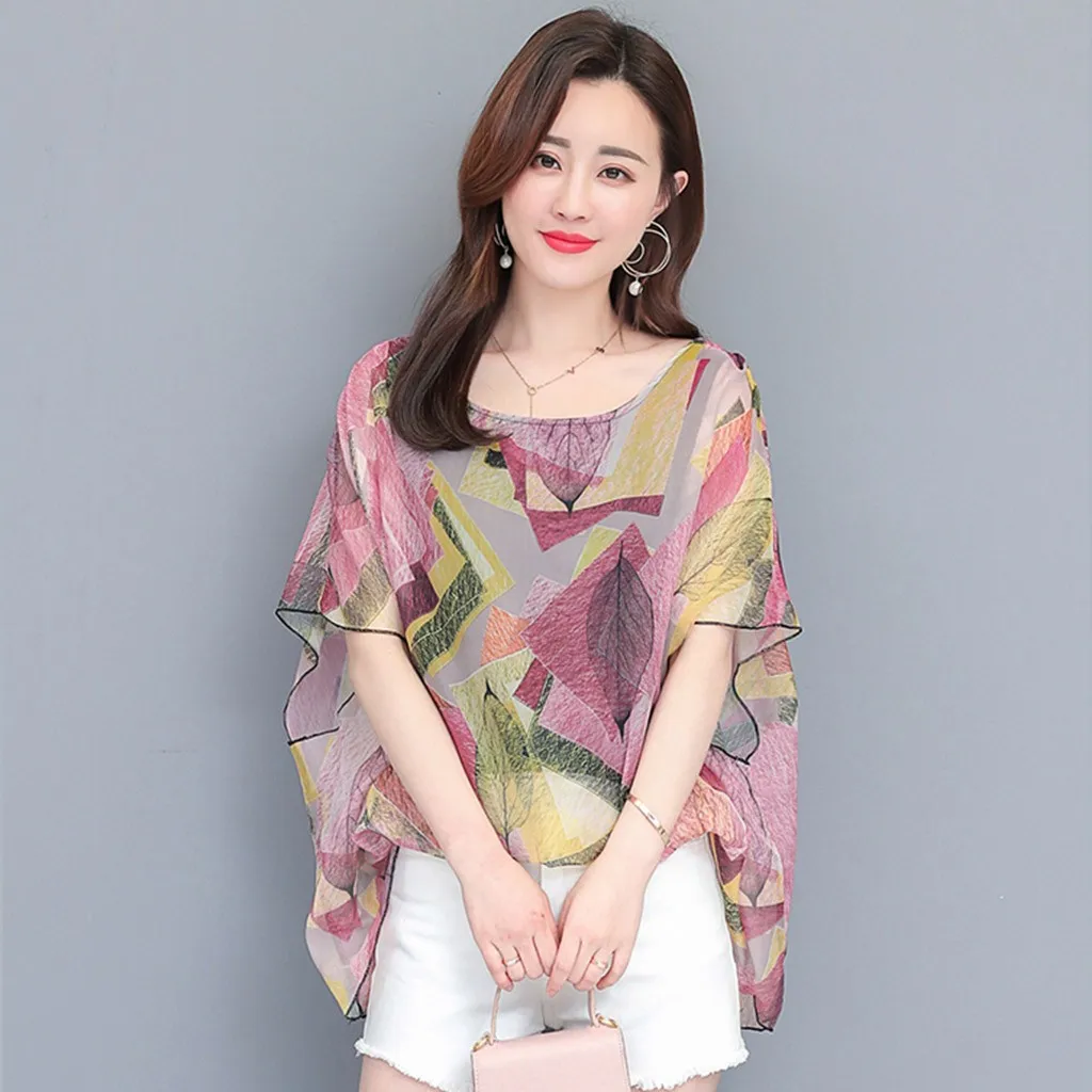 Новая шифоновая блузка s Топы женские с круглым вырезом и принтом летняя рубашка