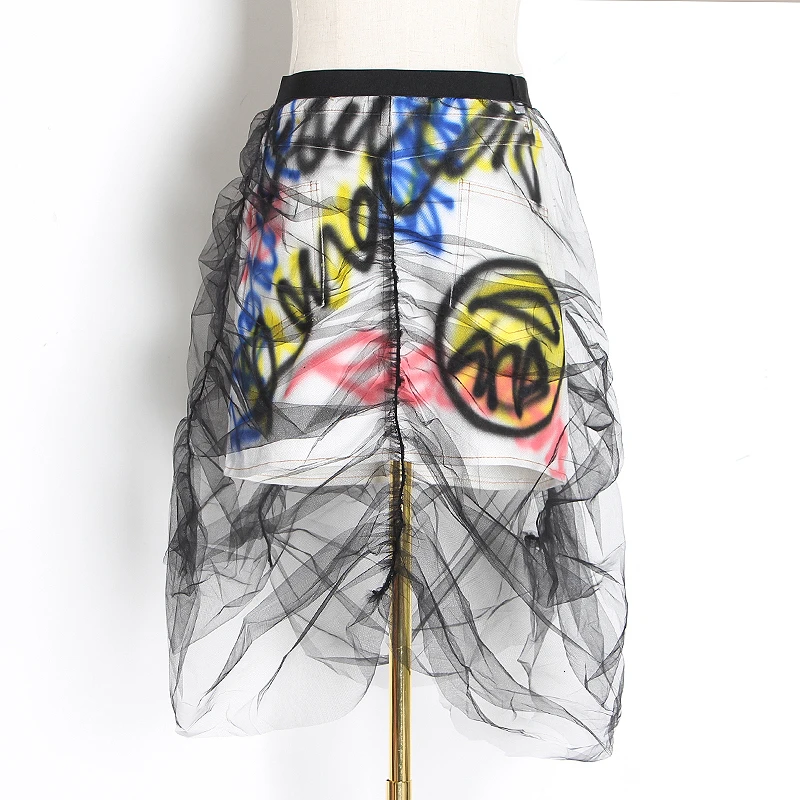 Женская сетчатая юбка TWOTWINSTYLE с высокой талией и принтом в виде букв рюшами