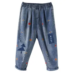 Mulheres verão outono baggy cintura elástica jeans estilo coréia rasgado calças femininas bordado oversize solto harem calças de pano