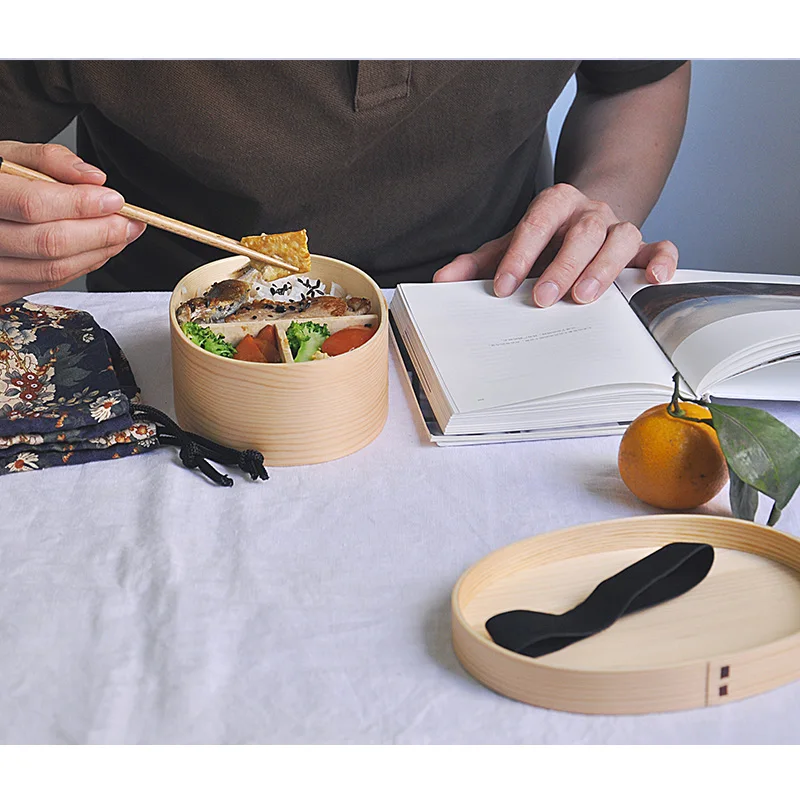 Unibird Food Container Wooden Lunch Box with Bag Compartment Shushi Bento Box for Kids Spoon Chopsticks Dinnerware for Picnic