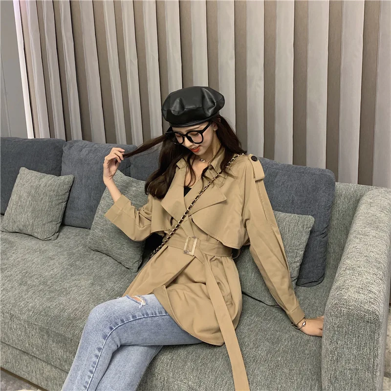 Photo Shoot Net Price Short-height Online Celebrity Trench Coat Short Coat Female Line Belt Slimming Loose-Fit Long Sleeve Jacke