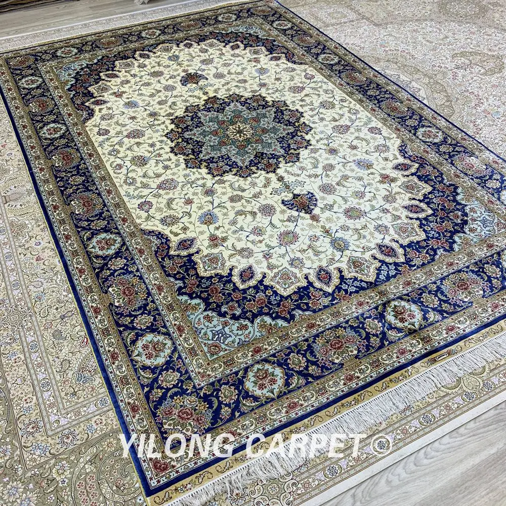 Yilong 6'x9' классические персидские ковры белый изысканный медальон шелковый ковер (ZQG262A)
