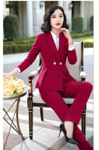 red pantsuit Liva девушка новое поступление высокого качества Женский комплект из двух предметов брюки костюм для офисный официальный для женщин Рабочая одежда зимняя одежда - Цвет: red pantsuit