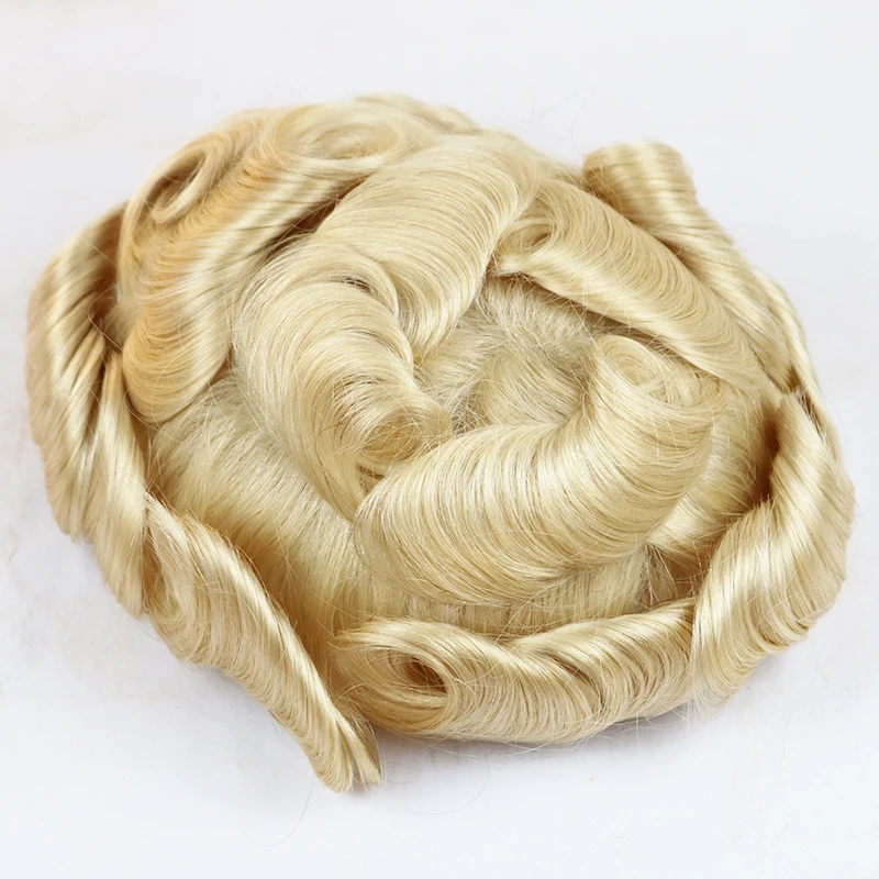 Full Poly Mens Toupee All Skin Hairpieces Blonde Thin Skin Human Hair Systems Hair Replacements All PU Wigs for Men 8x10 Inches