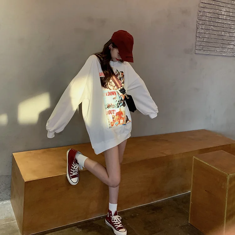 

Korean Version Of Oversize Loose Print Medium-length T-shirt For Women In Autumn 2019 New Slim Long-sleeved Jacket