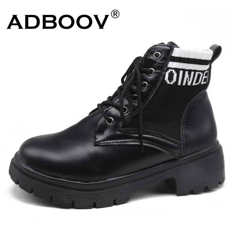 

ADBOOV Black Short Boots for Women PU + Knit Upper Female Ankle Boots Platform Bottine Femme