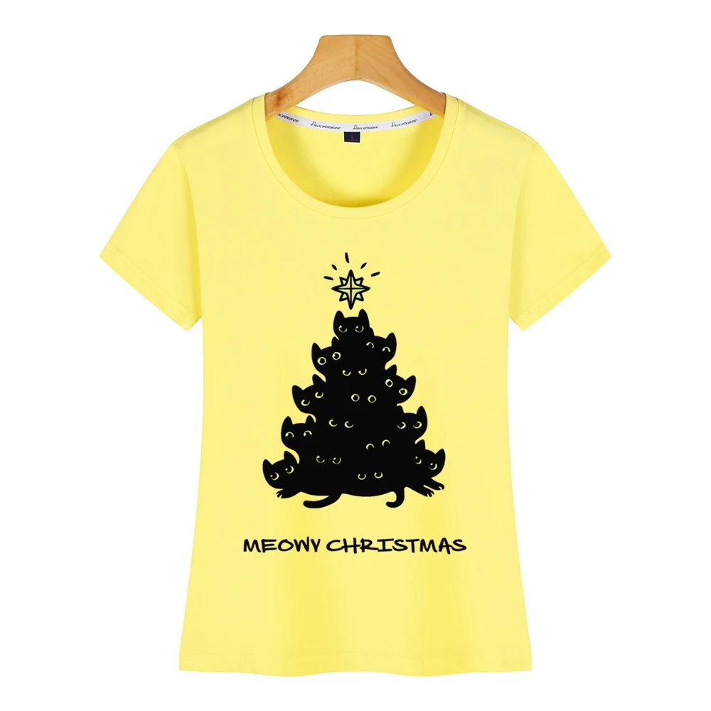 Топы Футболка женская merry meowy Christmas tree cat Kawaii надписи хлопок женская футболка - Цвет: Yellow