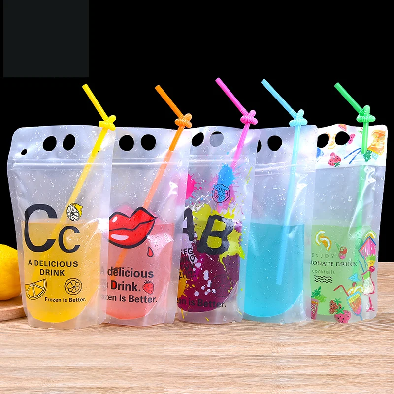 

Printing Cartoon Straw Zipper Drink Stand Zipper Lock Bag Liquid Sealed Packaging Food Tea Takeaway Soy Milk Shake Fruit Juice