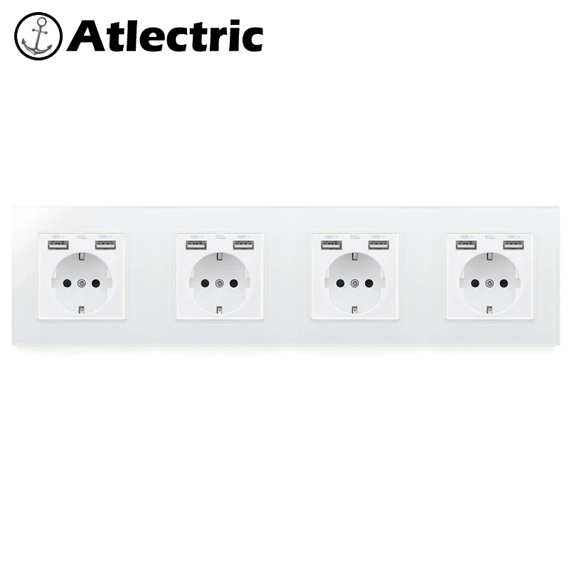 Atlectric EU Standard Plug Socket Dual USB Port Wall Power Socket Glass Panel Double Triple Quadruple Socket Electrical Outlet