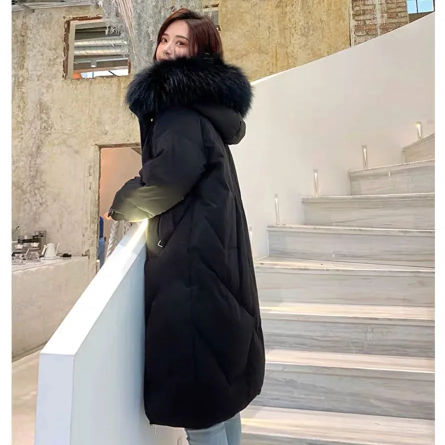 Bella Philosophy Wonder new Solid Warm Down Coat Lady Raccoon Fur Collar Elegant long Outwear Female White Duck Down Coats