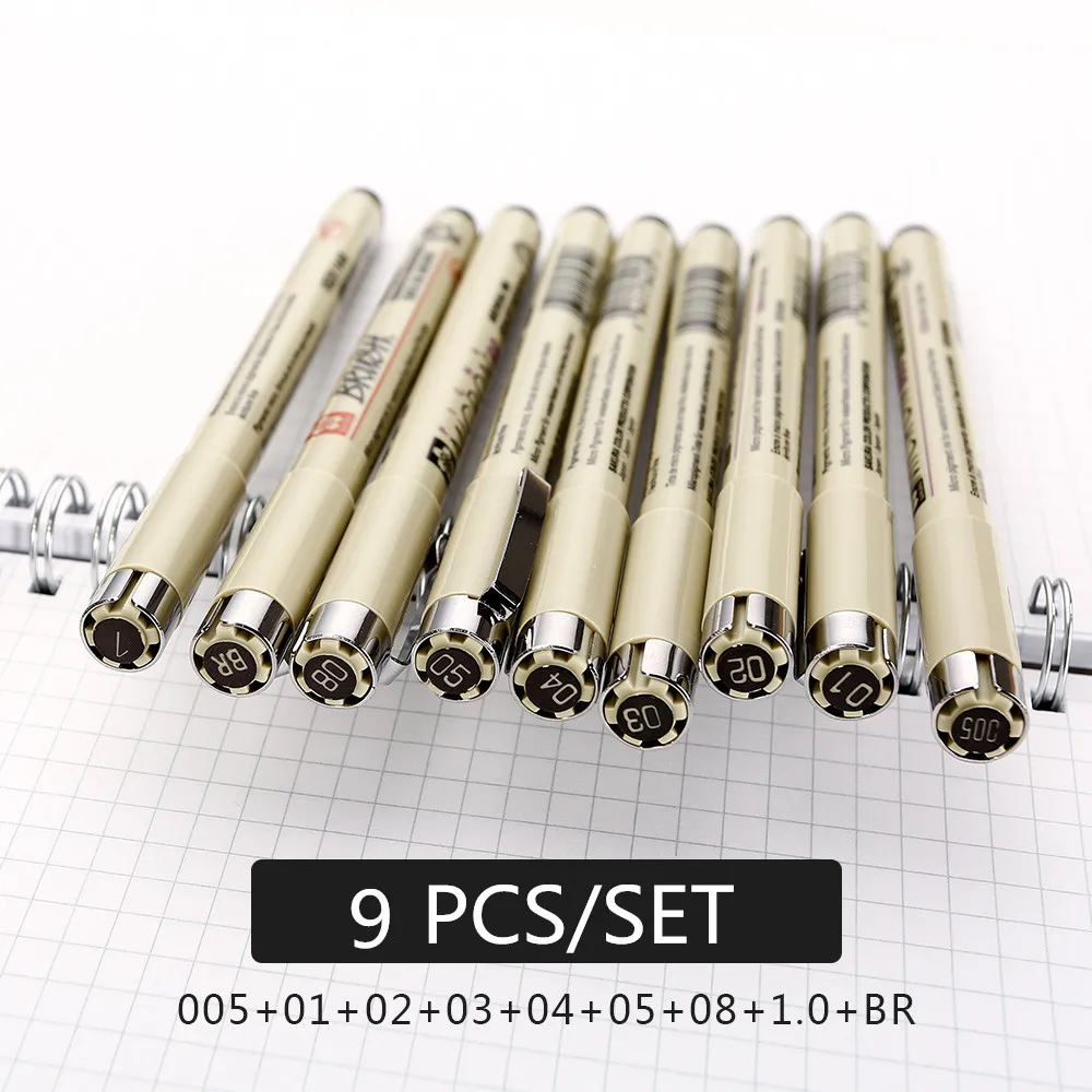 9 pcs 9 шт./компл. Sakura ручка Pigma micron иглы чертежная ручка Lot 005 01 02 03 04 05 08 кисть для рисования - Цвет: 9 pcs