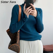 

Sister Fara Spring Autumn Elegant Turtleneck Knit Sweater Women's Long Sleeve Cuff Buttons Slim Sweaters Ladies Pullover Sweater