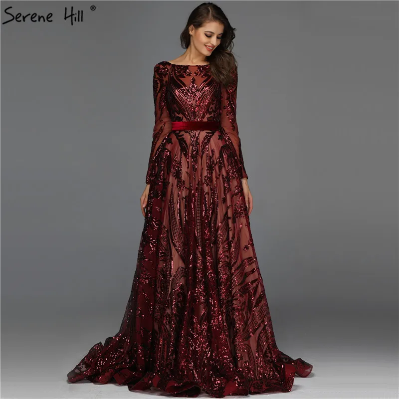 Коллекция, платья для выпускного вечера с длинным рукавом, расшитые блестками, мусульманское зеленое ТРАПЕЦИЕВИДНОЕ роскошное платье для выпускного вечера, настоящая фотография, BLA60799 - Цвет: wine red