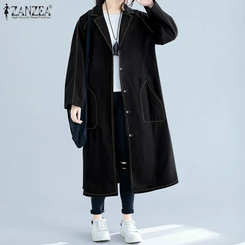 Promo  2019 Fashion Winter Women Denim Blue Coats Long Jackets ZANZEA Ladies Pockets Lapel Neck Overcoats 