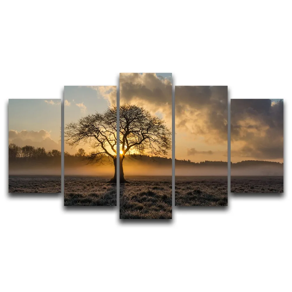 Холст для живописи Винтаж Wall Art рамка печатных фотографии 5 Панель плакат Восход дерево пейзаж фото для Декор в гостиную