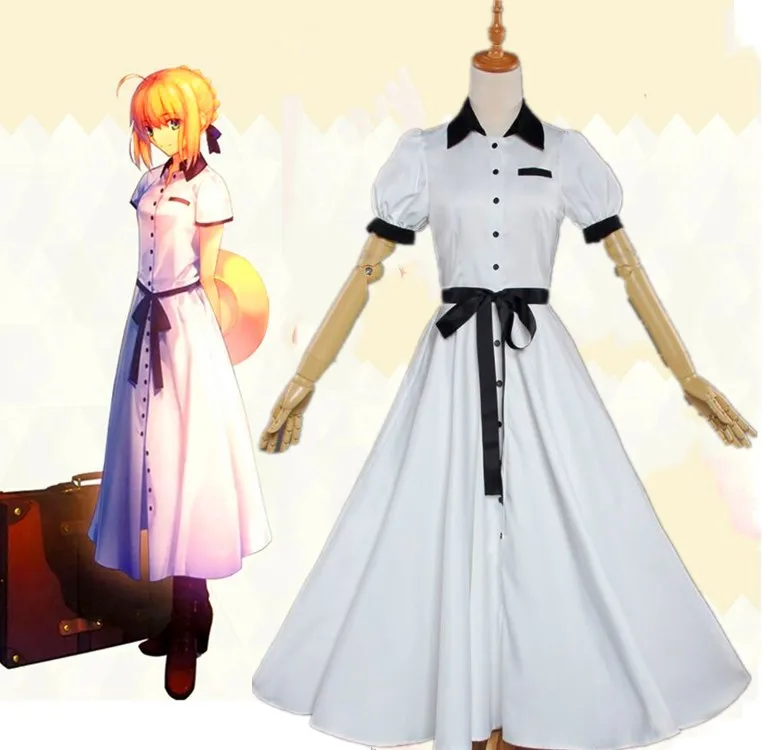 Аниме Fate/stay night Saber Униформа карнавальный костюм белое платье косплей Хэллоуин