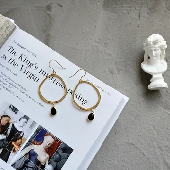 

RUIYI Real 925 Sterling Silver French Style Big Circle Black drop glue Dangle Earrings For Women Luxury 18K Gold Drop Earrings