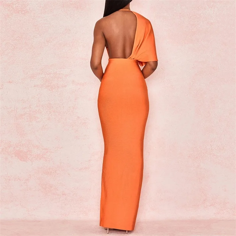 Orange Black Long Dress Women Sexy Backless One Shoulder Vestidos Fashion Celebrity Evening Party Bodycon Maxi Knitted Dresses