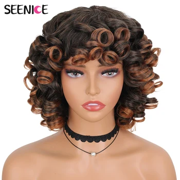 Short Hair Afro Curly Wig With Bangs For Black Women Synthetic Fluffy Ombre Glueless Cosplay Wigs