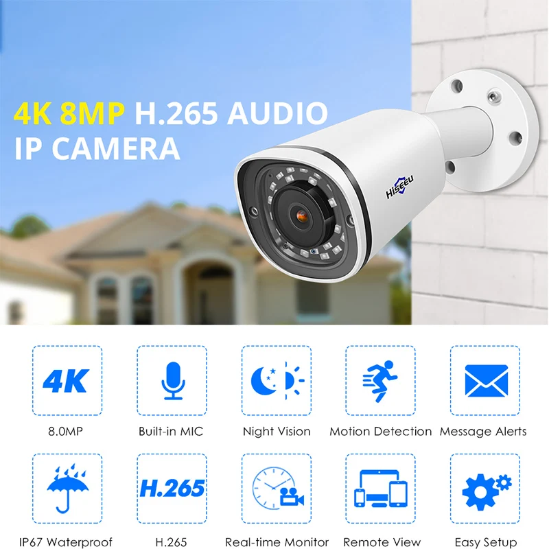 IP-камера Hiseeu Bullet 4K 8 Мп водонепроницаемая камера видеонаблюдения с записью звука
