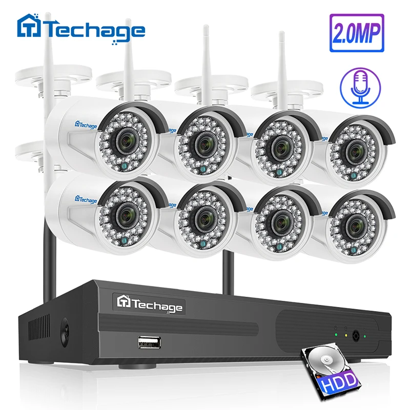 Online Techage H.265 8CH 1080P inalámbrico NVR Kit de seguridad CCTV sistema 2MP exterior impermeable Audio WiFi IP cámara Video Vigilancia Conjunto