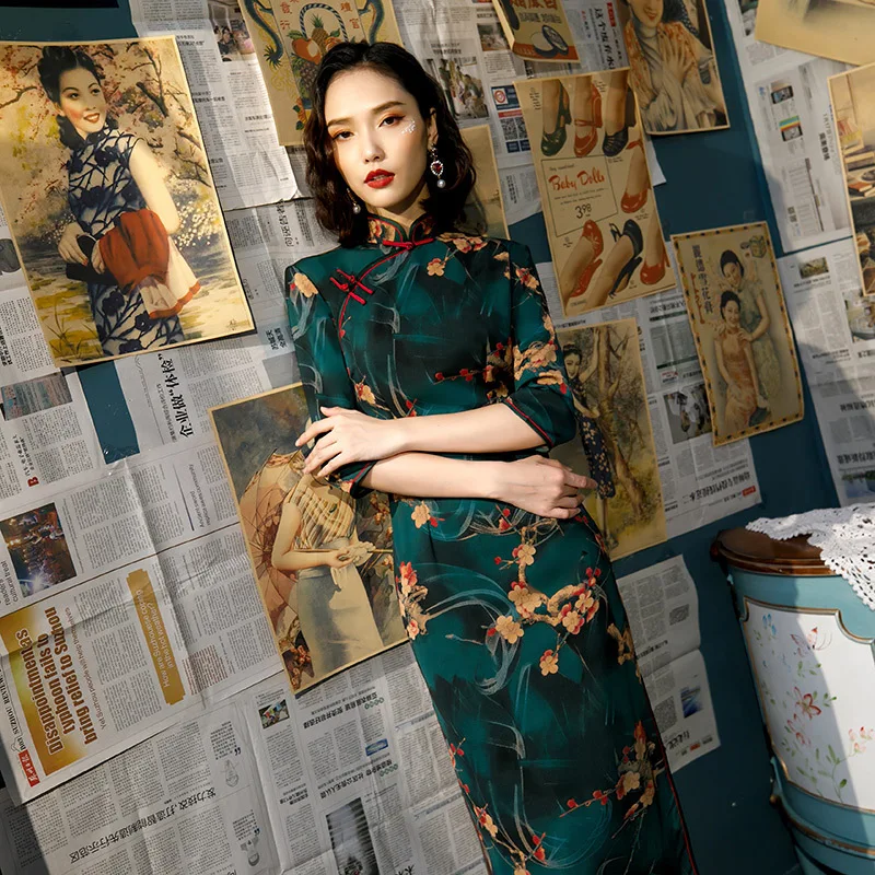 Spring New Green Elegant Retro Women Chinese Traditional Dress Qipao Printing Cheongsam Long Qi Pao Dresses Size 4XL