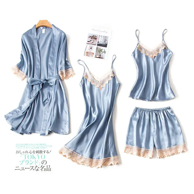 Летняя новая кружевная модная женская пижама с нагрудной накладкой, ночная рубашка, короткий кардиган, набор пижам - Цвет: Gray-blue 3