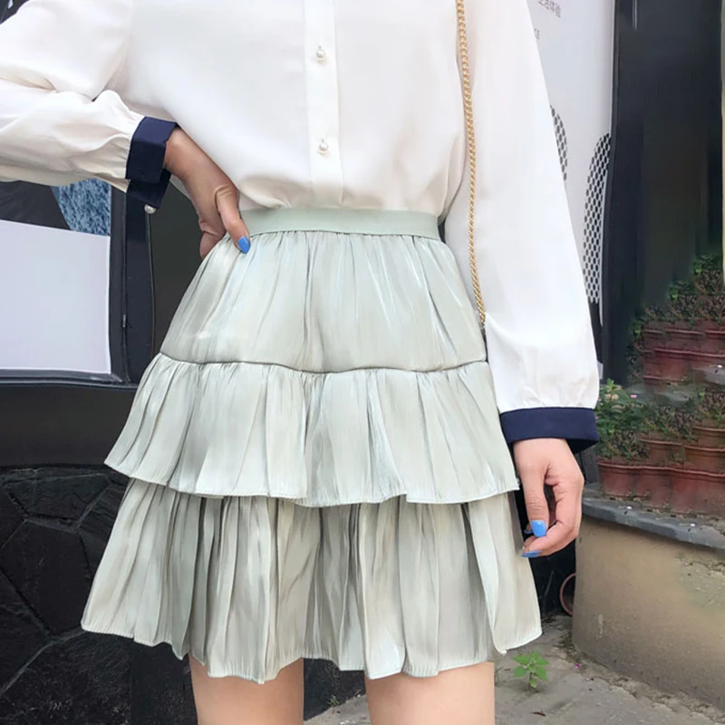 Атласные юбки женские шорты мини юбки трапециевидные эластичные плиссированные юбки с высокой талией двухслойные корейские элегантные летние юбки Новинка W001