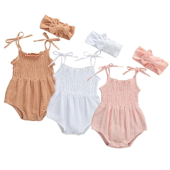 

0-18M Newborn Baby Girls Clothes Solid Sleeveless Romper Belt Jumpsuits Headband Outfits 2020 Summer Sunsuit