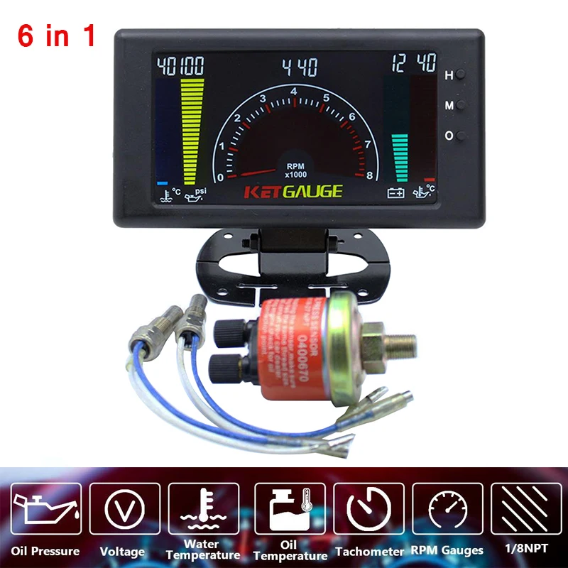 Tachometer gauge Engine tachometer Tachometer meter 6 In 1 Digital LCD Gauge for Car Truck Tachometer Oil Pressure Voltage Water Temperature Oil Temp Gauge with Sensors 1/8NPT