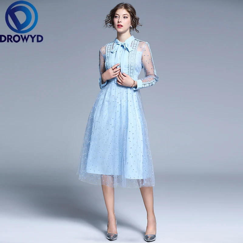 Robe Mi Longue En Maille Pour Femmes Elegante Style Boho Decontracte Manches Longues Vintage Bleu Ciel Vacances Boite De Nuit Robes De Soiree Automne Aliexpress