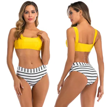 

Top Sales Women's Sexy Underwear High Waist Lengeries Split Female Intimates Stripe Wire Free Underwear Set Bathing Suits
