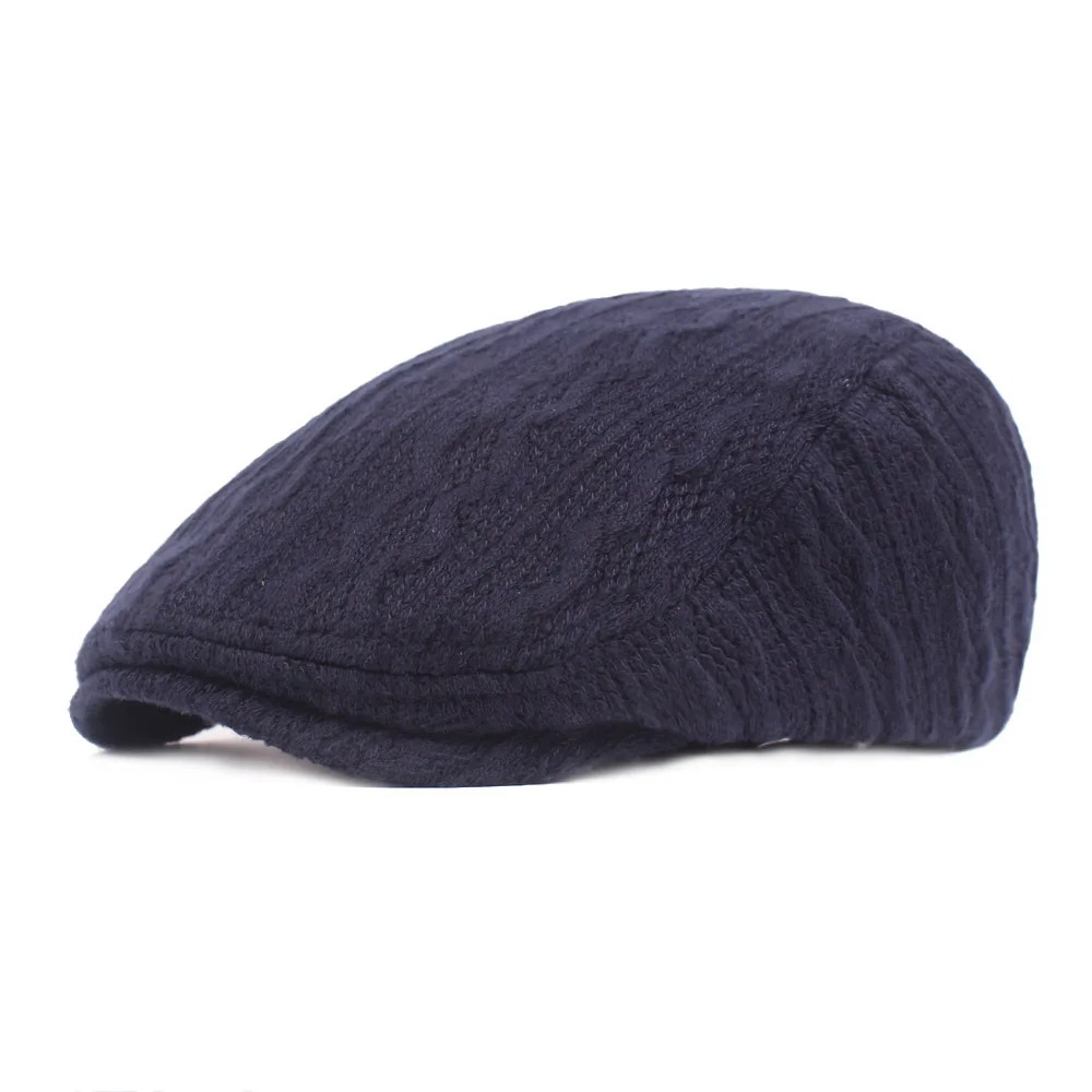 navy blue Вязаная крючком головной убор из пряжи зимняя мужская плоская кепка газетчика теплая Женская берет шапка однотонная вязаная Гольф вождения плоская кепка таксиста - Цвет: navy blue