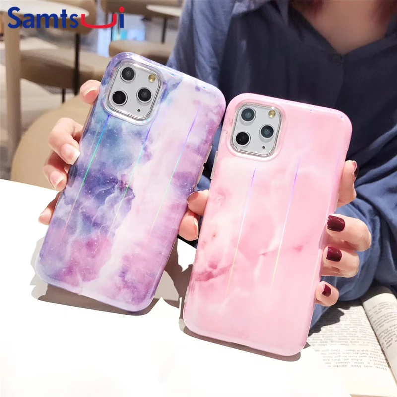 Роскошный мягкий чехол Aurora Laser TPU для iPhone11 Pro 6 7 8 Plus мраморный голубой свет толстый