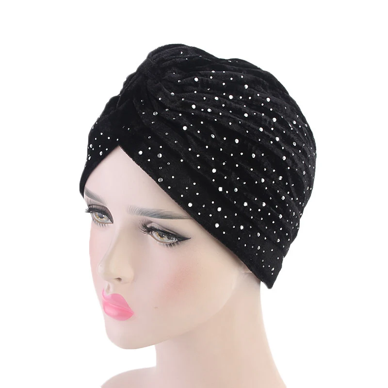 Rhinestone Velvet Turban Headband Muslim Women Turban Stretchy Twist Solid Color Hijab Chemo Cap Head Wraps Hair accessories