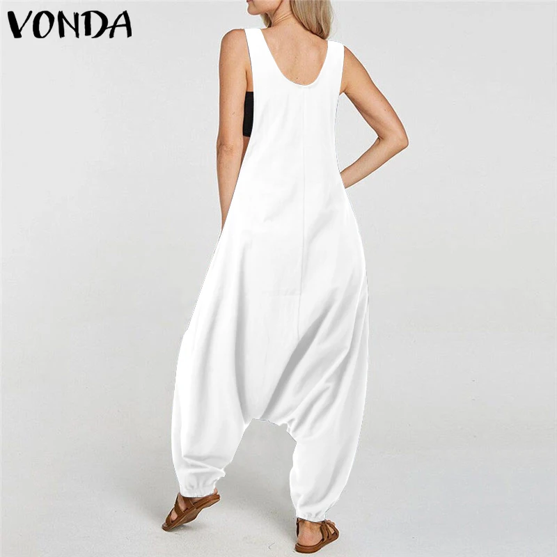 VONDA Retro Solid Color Rompers Womens Jumpsuits Sexy Backless Overalls Playsuit Plus Size Pantalon Palazzo Femme Playsuits