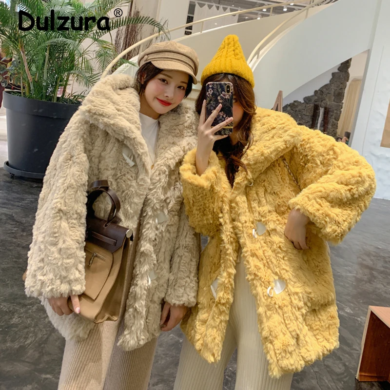 

2019 Street Girls Horn Button Rabbit Fur Jacket Coat Winter Thick Warm Turn-down Collar Faux Overcoat Sweet Cute Overwear Women