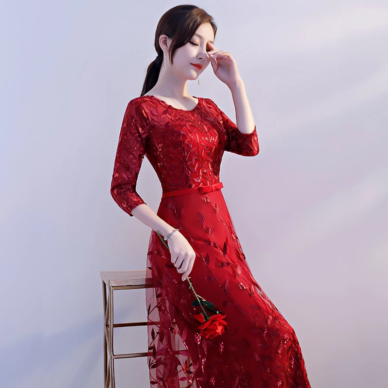 Традиционное китайское платье невесты, женское свадебное платье Qipao, элегантное весеннее длинное платье с круглым вырезом, роскошное вечернее платье, Vestido XS-3XL