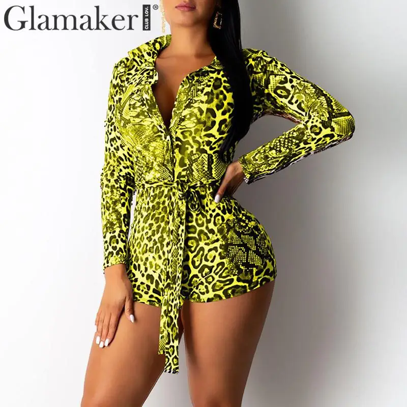 Glamaker, Леопардовый принт, длинный рукав, сексуальный Облегающий комбинезон для женщин, Осенние, вечерние, бандажный пояс, комбинезон, зимний женский костюм