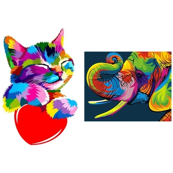 

2 Set Paint By Numbers Kits for Adult, DIY Canvas Painting for Adults Beginner, Color Elephant & Love Kittens