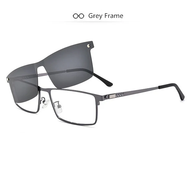 Grey Frame Мужские деловые очки с оправой, с пружинными ножками, поляризационные солнцезащитные очки с клипсами для близорукости, металлические очки с магнитным зажимом SC001 - Цвет линз: Grey Frame