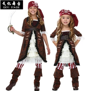 

Free shipping Pirates of the Caribbean Halloween costume for children Pirate Captain Cosplay domineering girl pirate costume