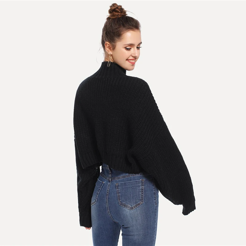 SHEIN черный однотонный короткий свитер с высоким воротом, осенний свитер для женщин, топы, зимняя уличная одежда с длинным рукавом, повседневный женксие кофты