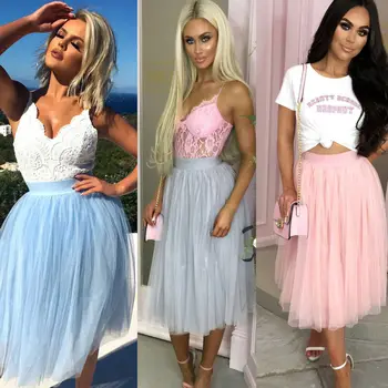 

Womens Girl Princess Ballet Tulle Tutu Skirt Summer Fashion Ladies Boho Ruffle Midi Skirt High Waist Beach Holiday Skirts
