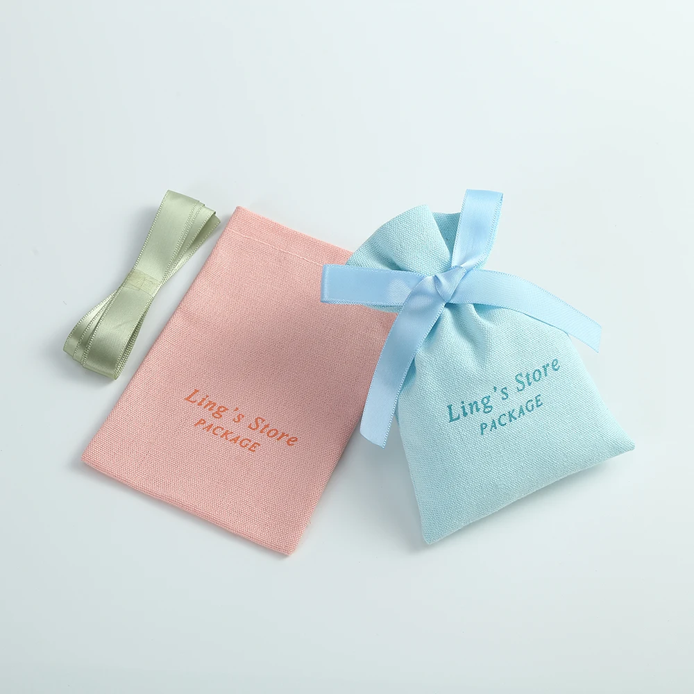 100pcs Cotton Burlap Jewelry Bag with Ribbon Custom Logo Jewelry Organizer Wedding Party Candy Bag Earrings Bag Personalizado