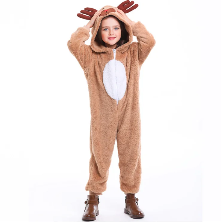 Kids Fantasia, Женский Рождественский костюм, женский новогодний костюм, кофейный бархатный комбинезон с капюшоном, пижама, Рождественский наряд для леди и детей - Цвет: Kids